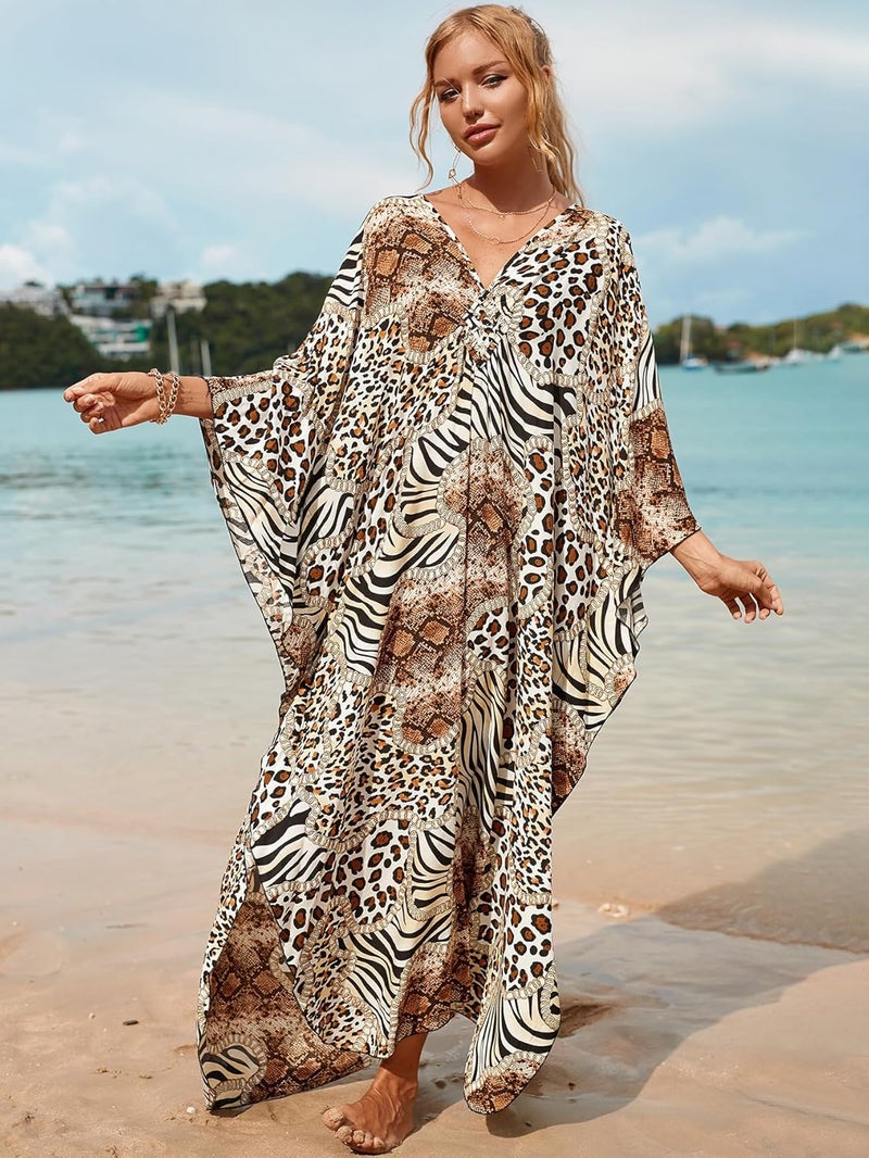 IMAGEKOPE Women's Plus Size Animal Print V-Neck Batwing Kaftan Beach Dress Bathing Suit Cover-Up Loungewear - Image 2